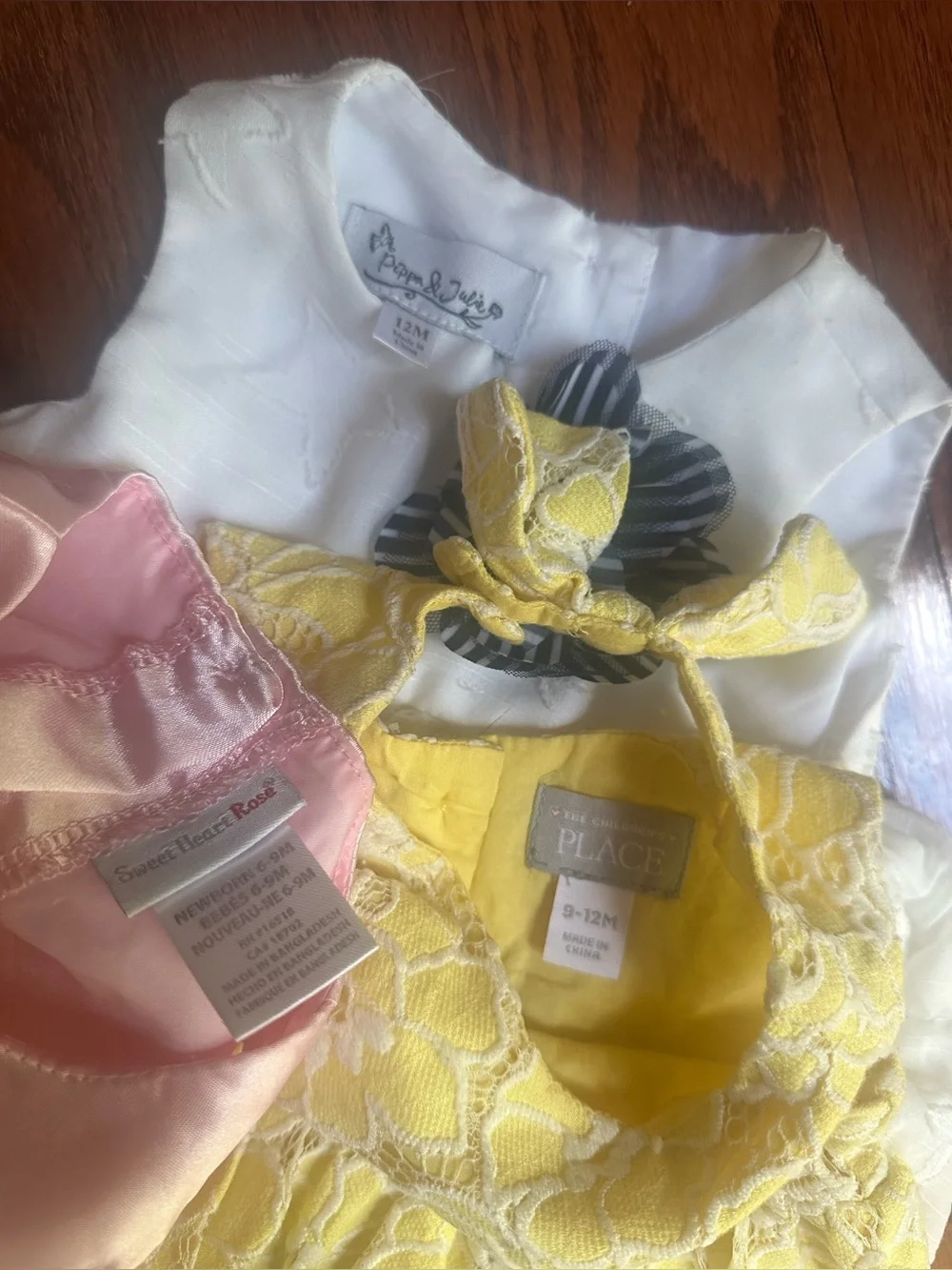 The Childrens Place Yellow, White & Pink Baby Dresses Size 3-6, 9-12 & 12 months